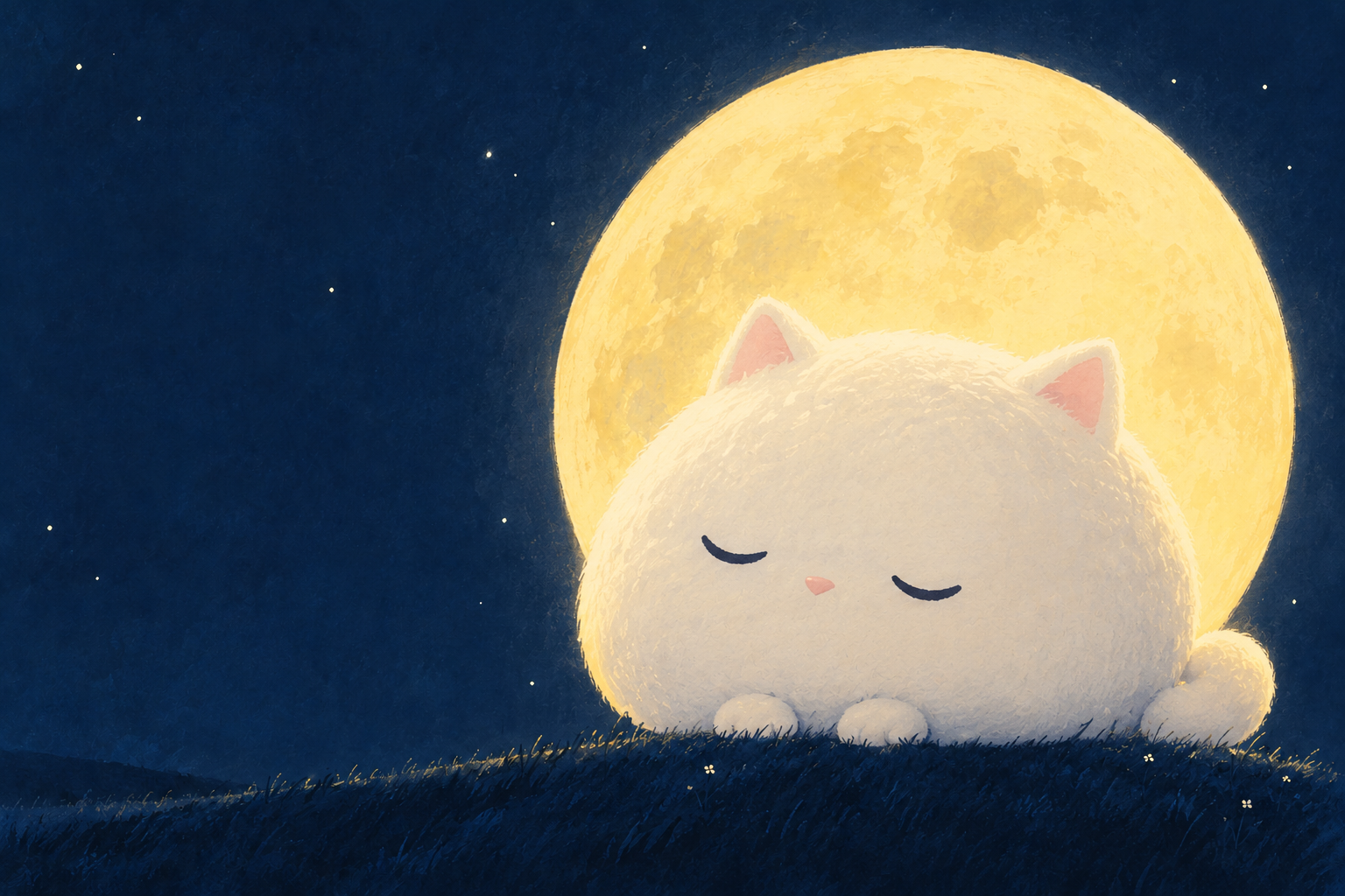 A sleepy white mochi cat sitting under an enormous buttery yellow moon